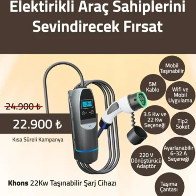 Khons 22 kW 5m Kablolu Taşınabilir Elektrikli Araç Şarj İstasyonu