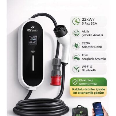 BIGstation 22kW Akıllı Taşınabilir EV Şarj Cihazı – Şebeke Analizi, Wi-Fi & Bluetooth, 220V Adaptör Dahil, Tüm Araçlarla Uyumlu (Kablolu) 5 Metre