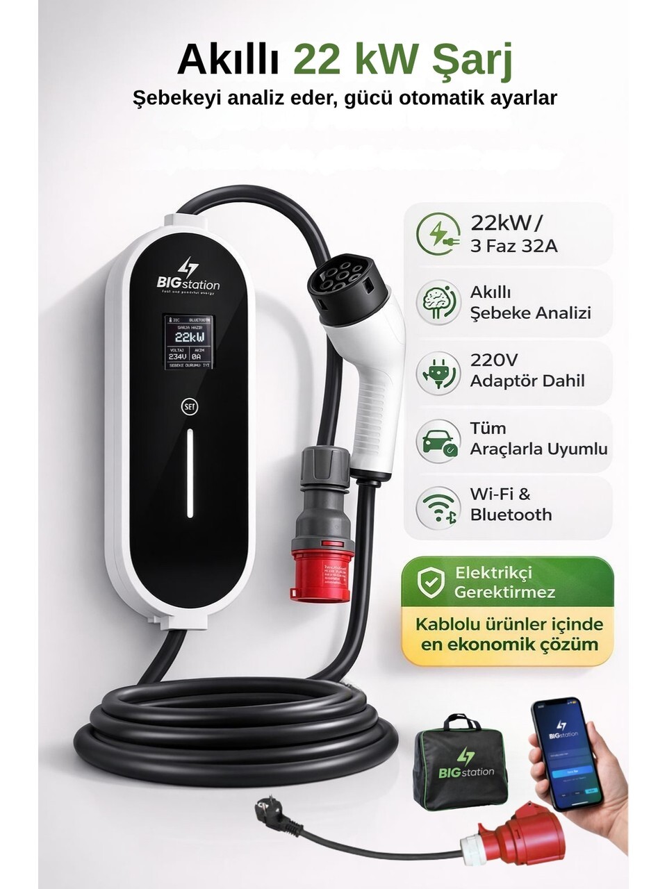 BIGstation 22kW Akıllı Taşınabilir EV Şarj Cihazı – Şebeke Analizi, Wi-Fi & Bluetooth, 220V Adaptör Dahil, Tüm Araçlarla Uyumlu (Kablolu) 5 Metre 1 BIGstation 22kW Akıllı Taşınabilir EV Şarj Cihazı – Şebeke Analizi, Wi-Fi & Bluetooth, 220V Adaptör Dahil, Tüm Araçlarla Uyumlu (Kablolu) 5 Metre