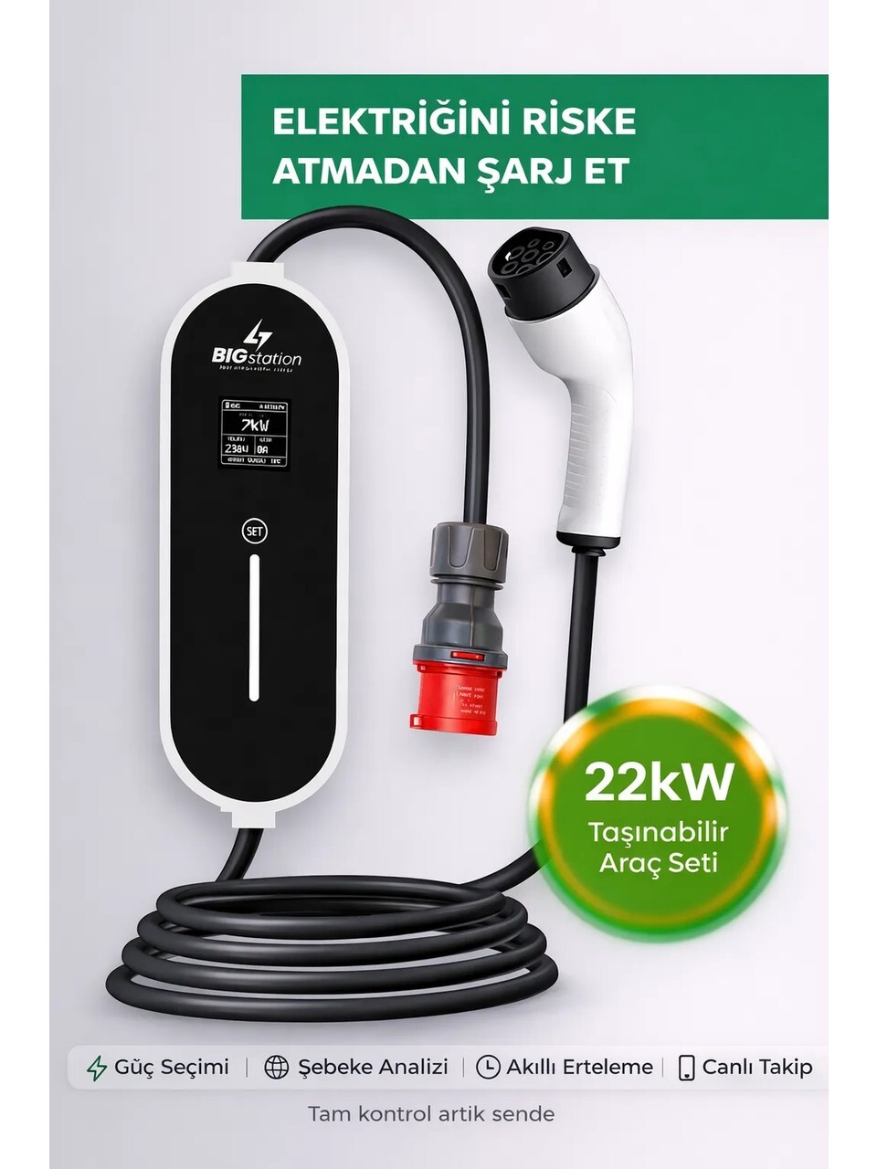 BIGstation 22kW Akıllı Taşınabilir EV Şarj Cihazı – Şebeke Analizi, Wi-Fi & Bluetooth, 220V Adaptör Dahil, Tüm Araçlarla Uyumlu (Kablolu) 5 Metre 2 BIGstation 22kW Akıllı Taşınabilir EV Şarj Cihazı – Şebeke Analizi, Wi-Fi & Bluetooth, 220V Adaptör Dahil, Tüm Araçlarla Uyumlu (Kablolu) 5 Metre - Görsel 2